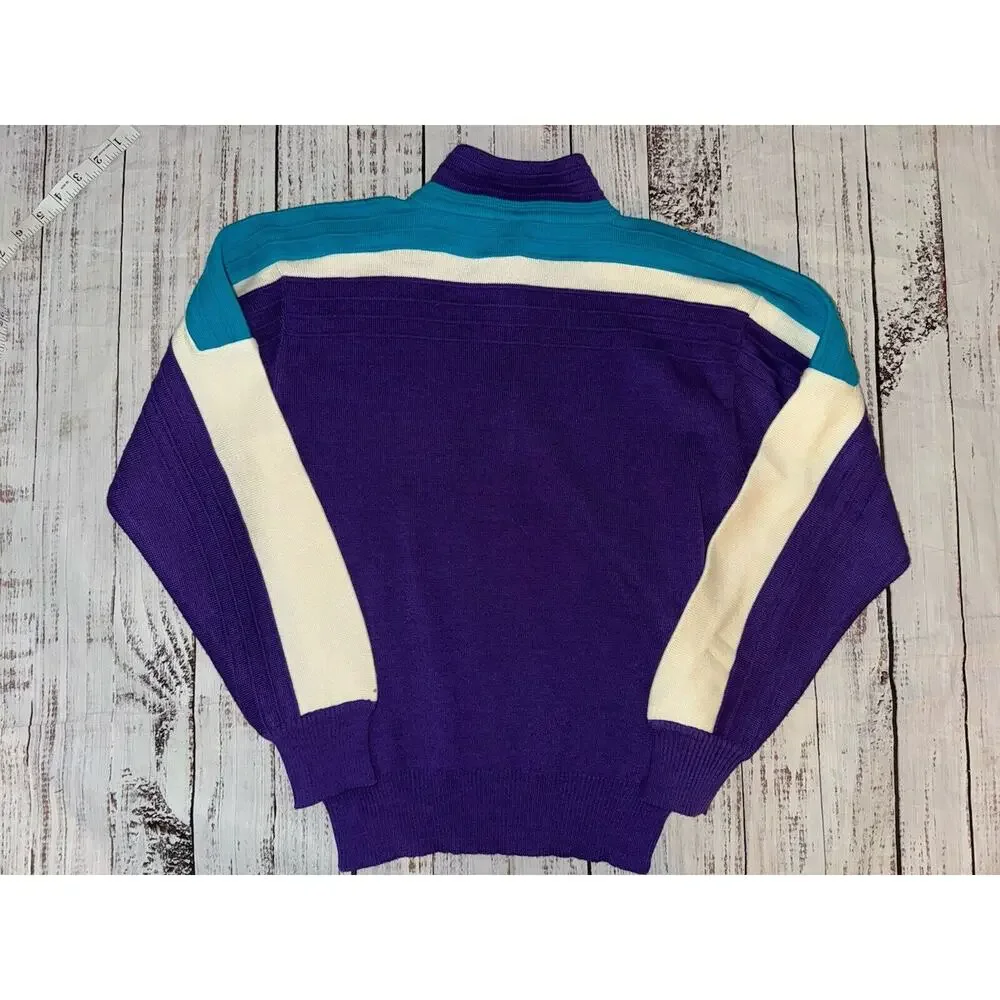 VTG Herman’s Ladies Small Ski Sweater Bold Colorful Purple Blue Multi Wool Blend